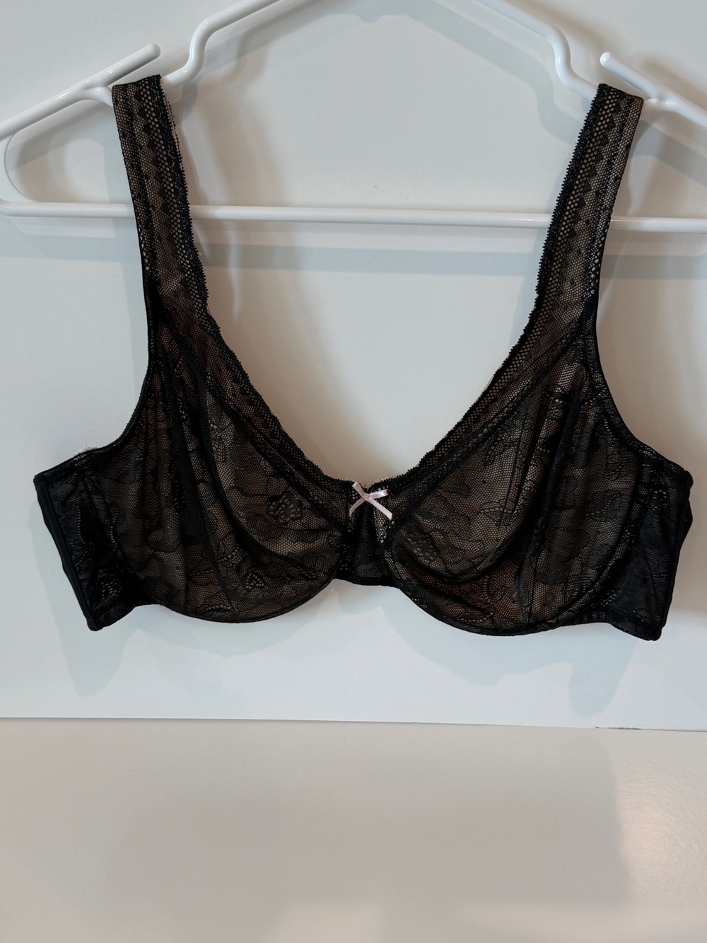 Cacique Black Sheer Lace Underwire Bra with Pink Bow